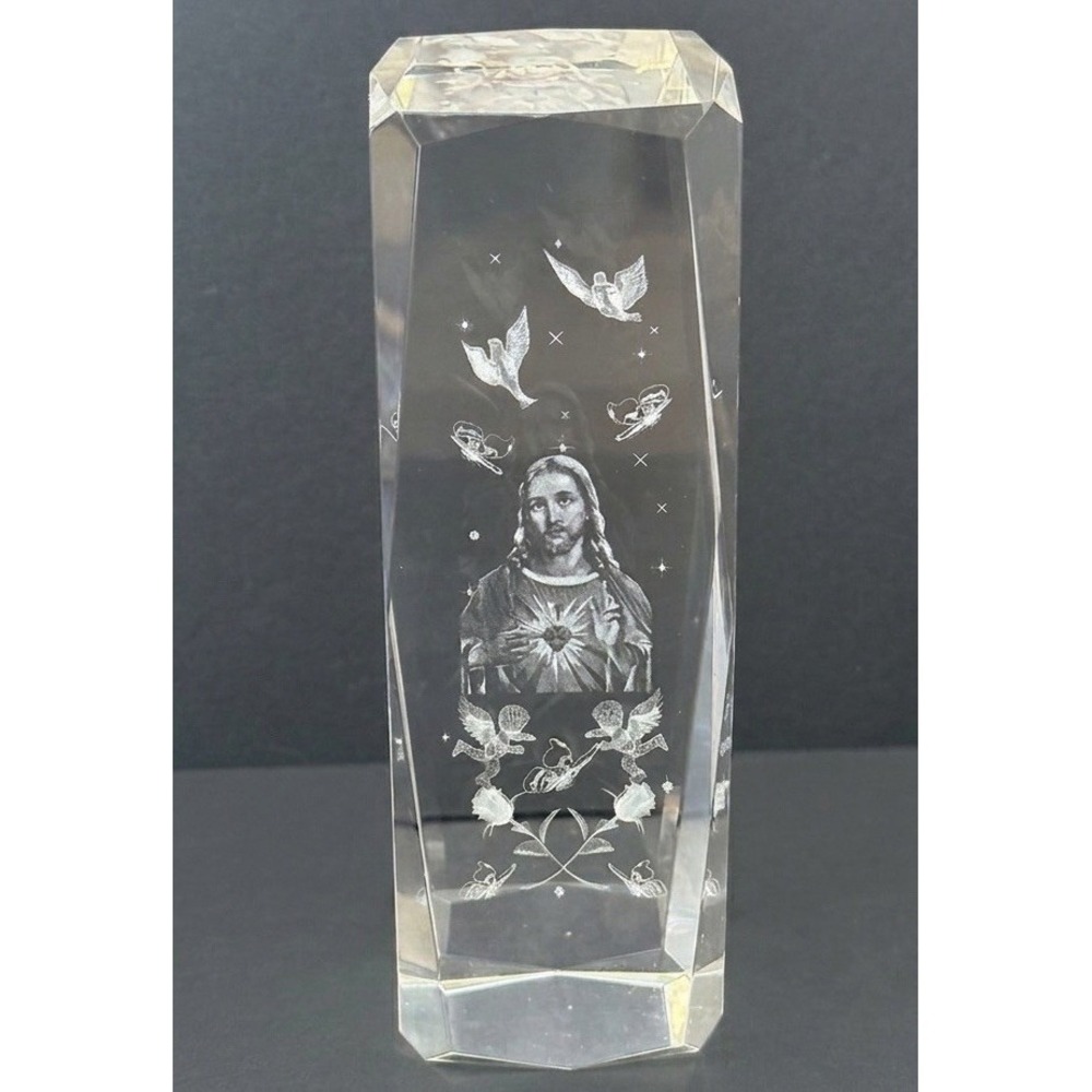 3D Laser Etched Crystal Sacred Heart of Jesus Paperweight Faceted Glass Obelisk
